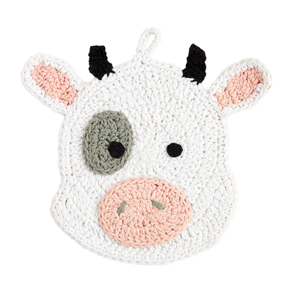 cow face crocheted trivet on a white background.