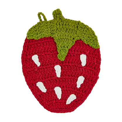 red strawberry shaped crocheted trivet on a white background.