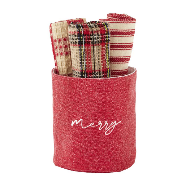 3 assorted towels rolled in a red canvas bucket.