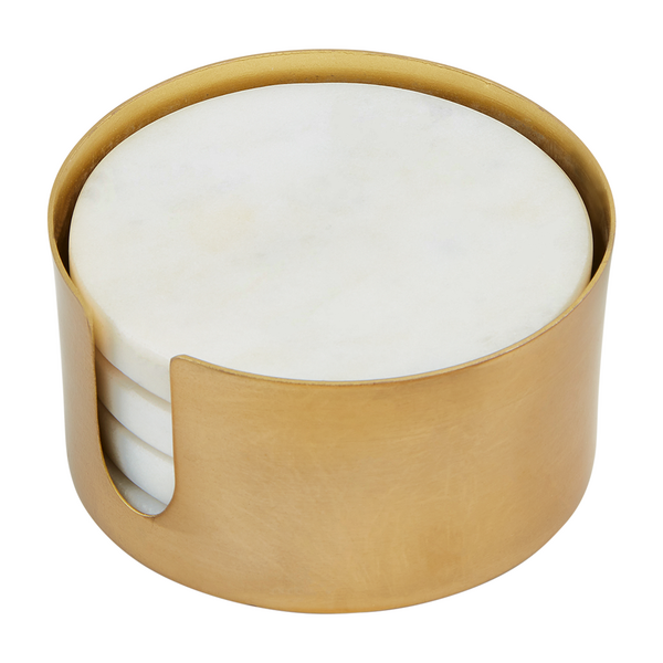 white marble coaster set in a brass caddy.