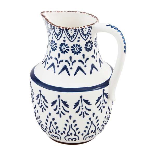 pitcher with blue and white pattern on a white background.