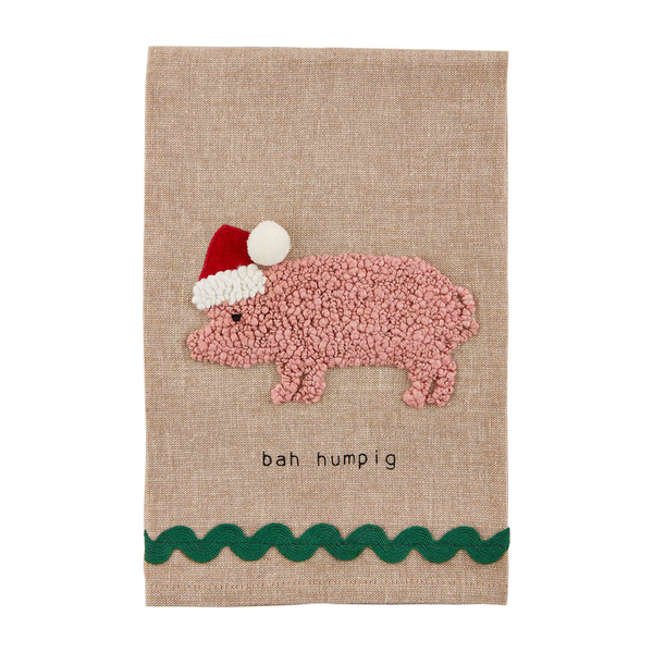 natural color towel with pom pig embroidered on it and "bah humpig" printed on it.