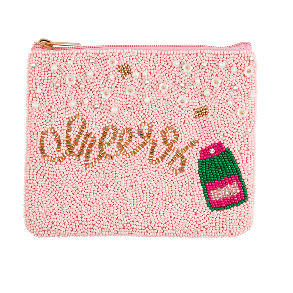 light pink beaded zipper bag with a beaded champagne bottle and "cheers" beaded on it.