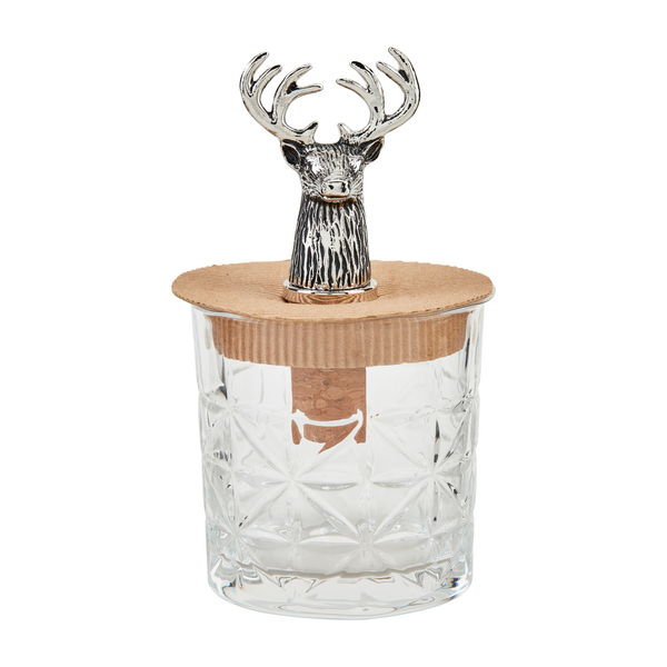 glass packaged with a deer bottle stopper, deer has rounded antlers.