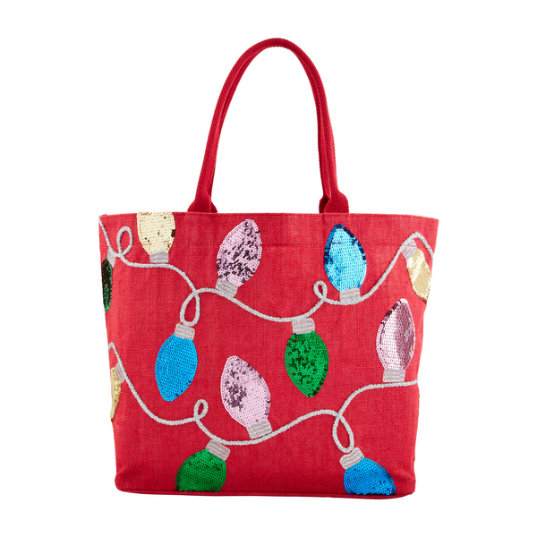 red tote with sequined holiday lights stitched on it.