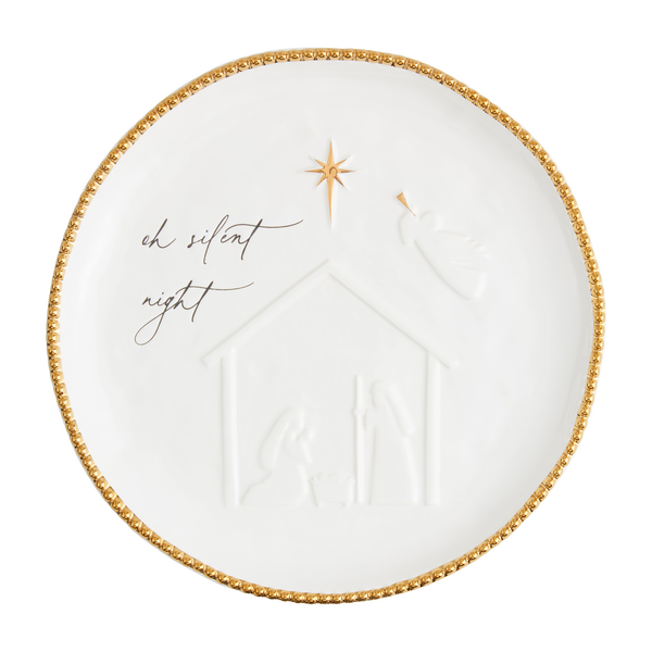 Silent night nativity platter shown on a white background.