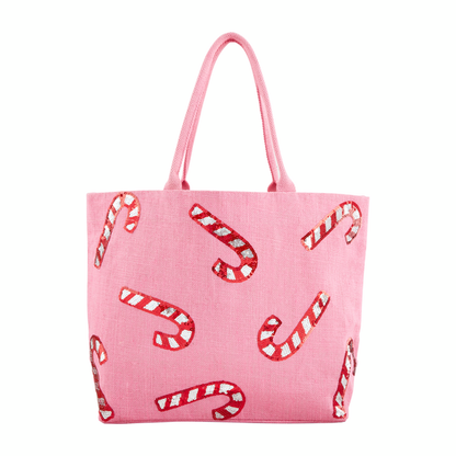 pink tote with sequin candy canes stitched on it.