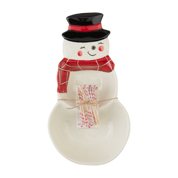 snowman dish with package of toothpicks tied across the front.