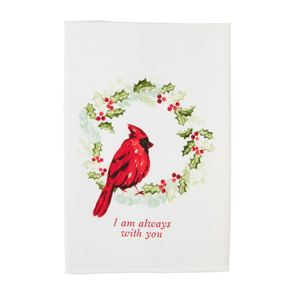 Always with you white towel with image of a cardinal perch in a holly wreath and sentiment printed in red.