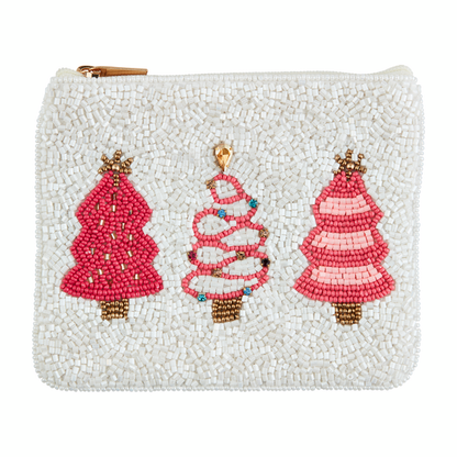 white beaded zipper bag with 3 assorted pink tree beaded on it.