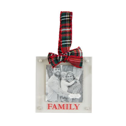 "family" acrylic frame ornament hanging from a tartan ribbon.