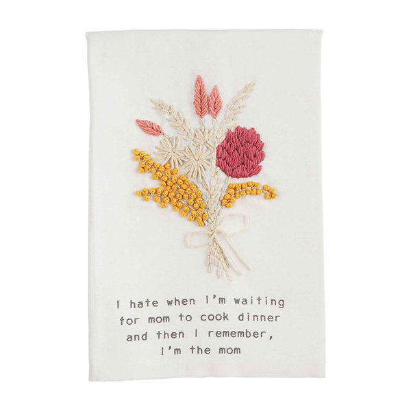 mom cook dinner towel with embroidered flowers.