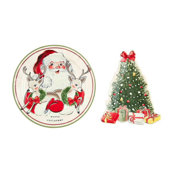 santa platter and tree platter next to each other on a white bacground.