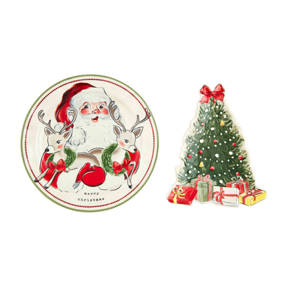 santa platter and tree platter next to each other on a white bacground.