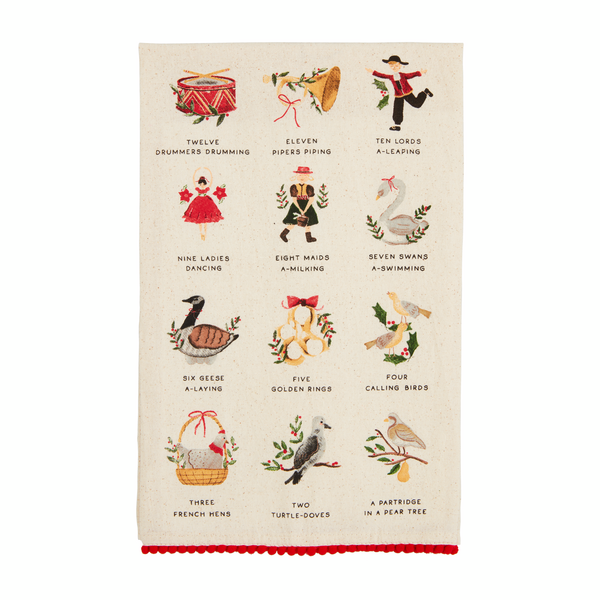 Towel printed with 12 icons of the classic song, the 12 days of Christmas.