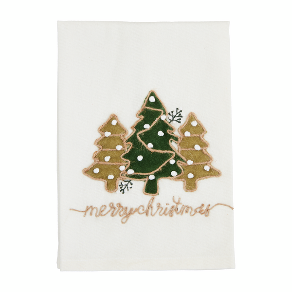 White towel with green velvet tree appliques and "Merry Christmas" stitched across the bottom.