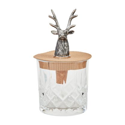 glass packaged with a deer bottle stopper, deer has tall antlers.