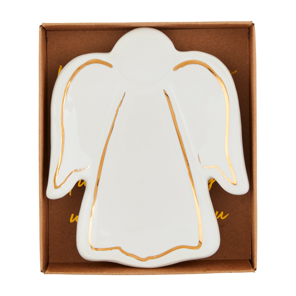 white ceramic angel shaped dish with long wings.