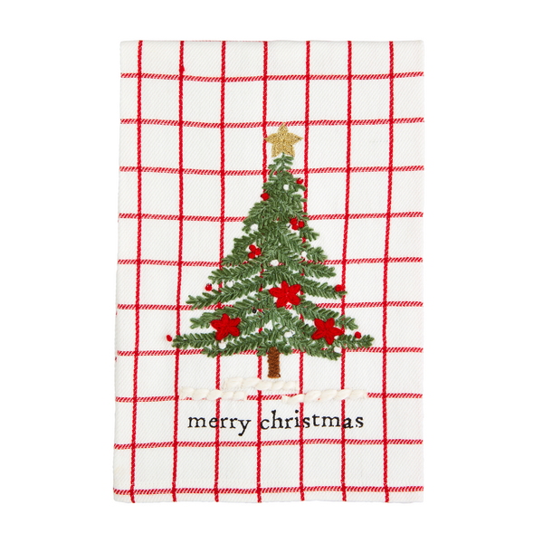 red and white plaid towel with tree embroidered on it and "merry christmas" printed across the bottom.