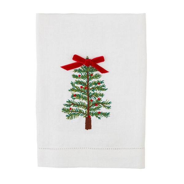 white towel with embroidered tree on it with a velvet bow on top of the tree.