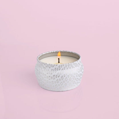 Volcano Signature White Mini Tin Candle lit.