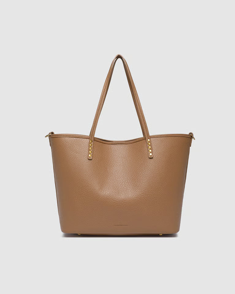 Brown tote bag with gold accents on a light gray background