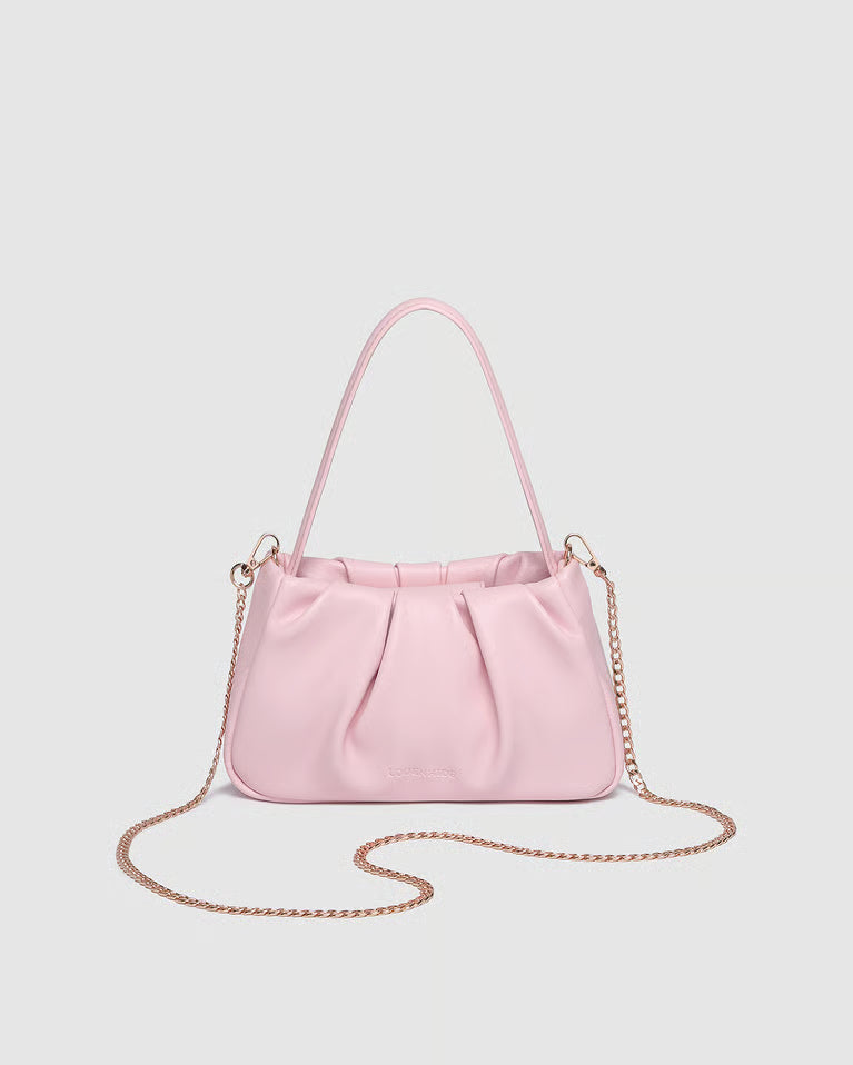 Pink handbag with a chain strap detail on a light gray background