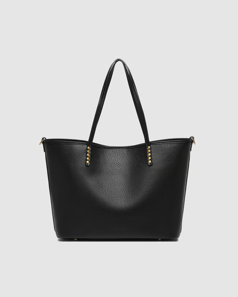 Black leather tote with gold studs on a light gray background