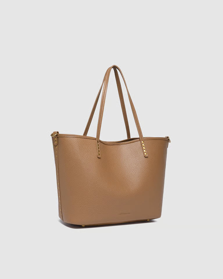 side view of Brown tote bag with gold accents on a light gray background