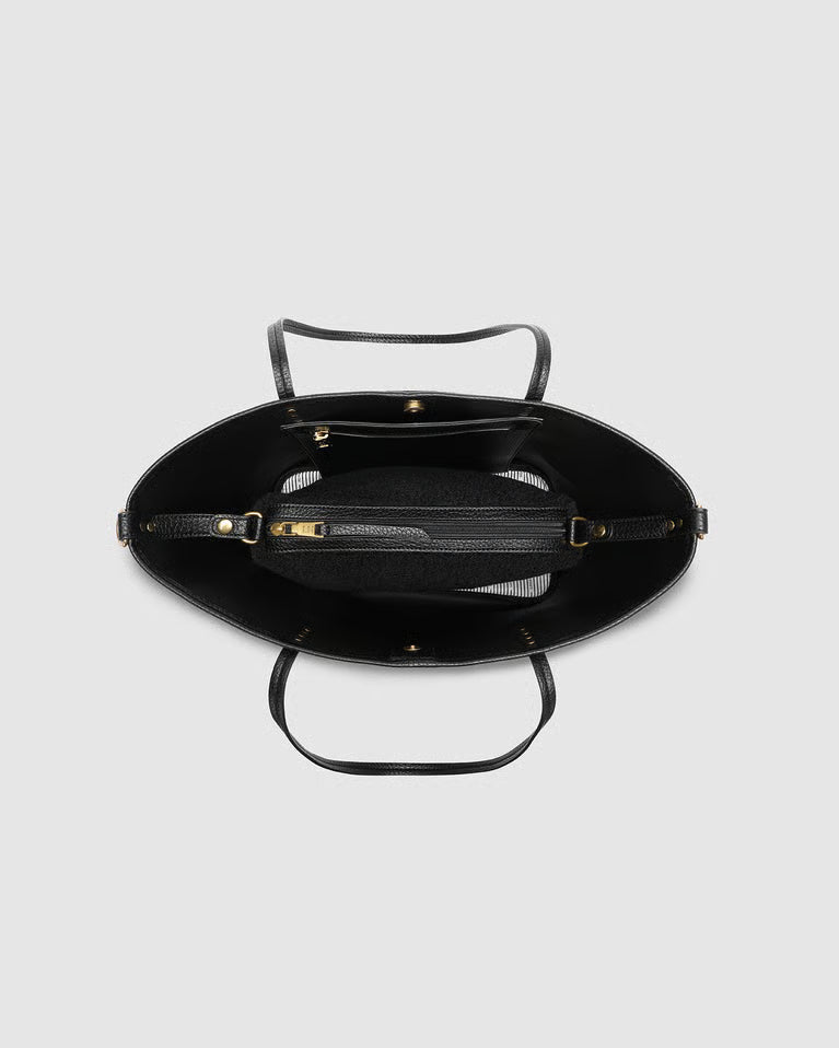 interior view of black tote bag showing small bag inside