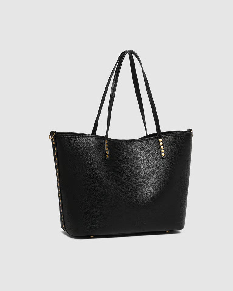 side view of Black tote with gold accents on a light gray background