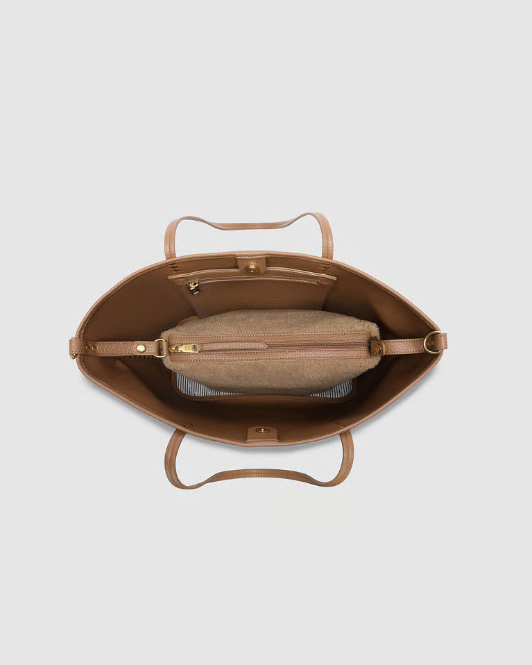 top view of Brown tote bag with gold accents showing interior with a detachable, smaller bag inside
