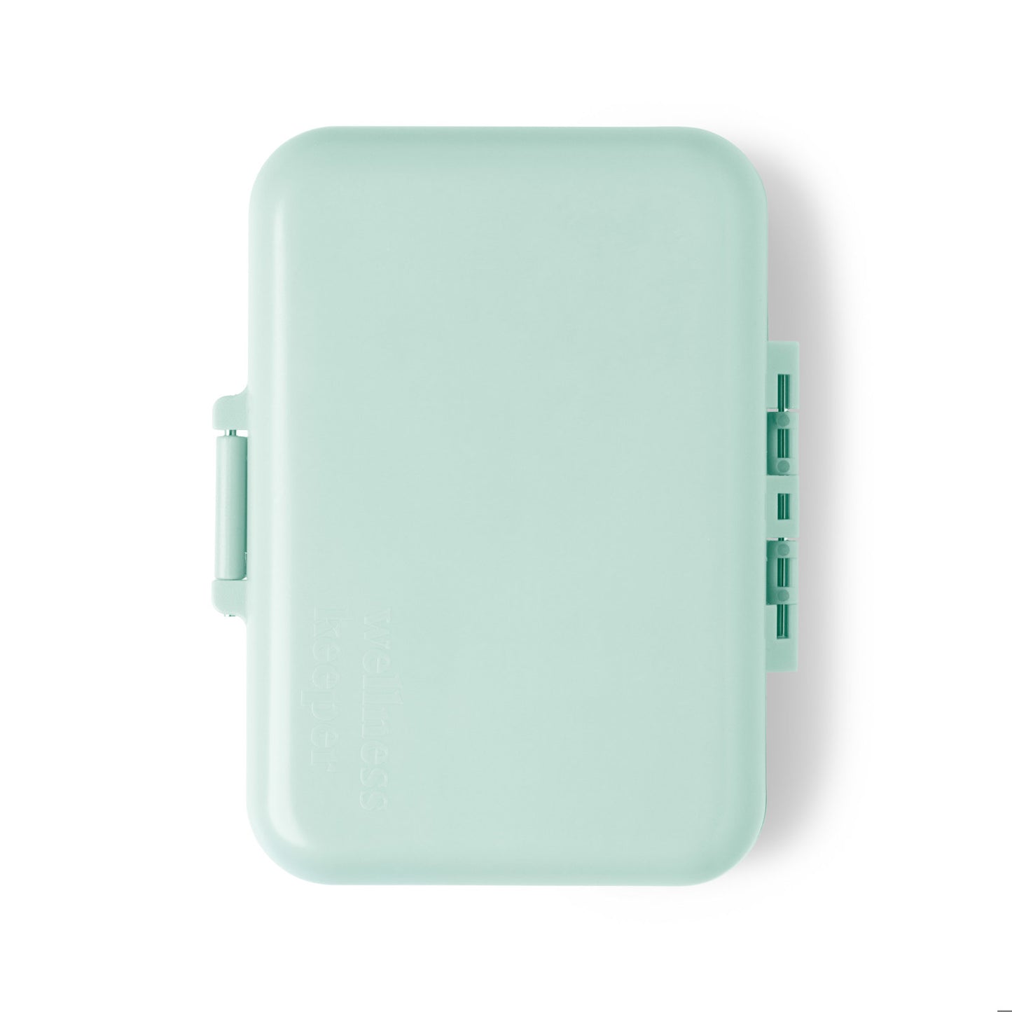 mint green Light-Up Pill And Vitamin Case closed and shown on a white background