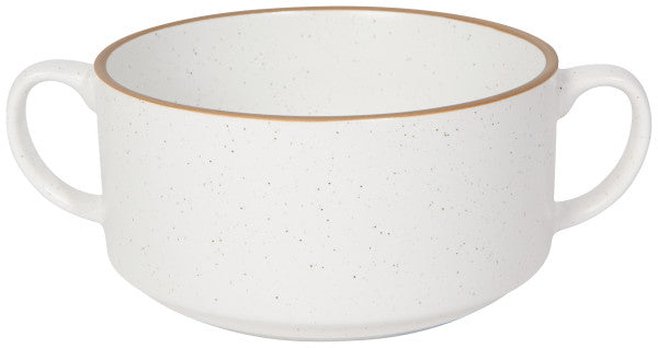 white soup bowl with 2 handles shown on a white background.
