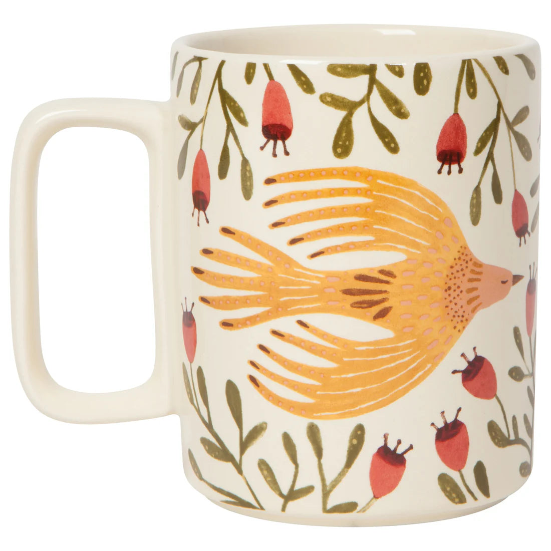 other side of off-white mug with yellow bird and foliage printed on it.