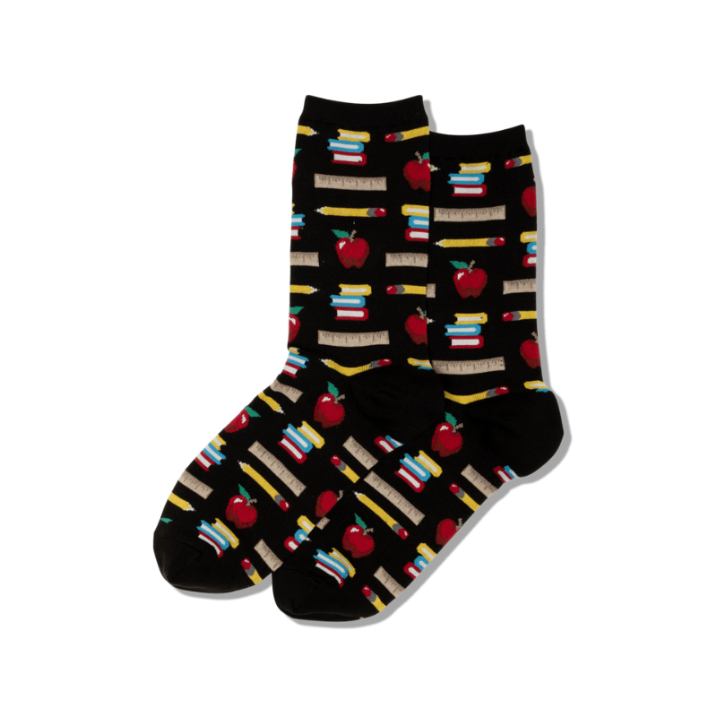black socks with assorted teacher graphics on it.