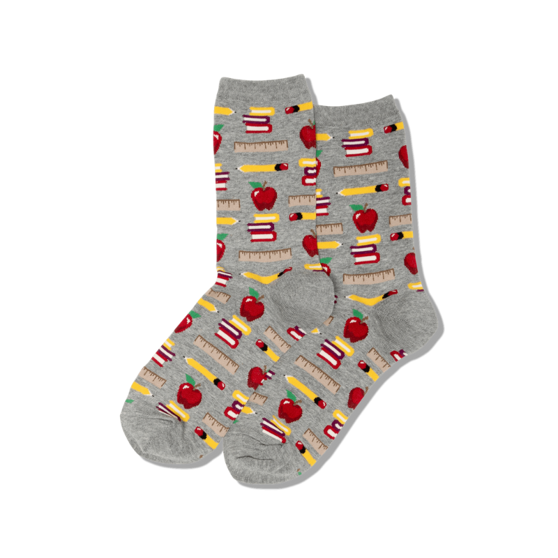 grey socks with assorted teacher graphics on it.