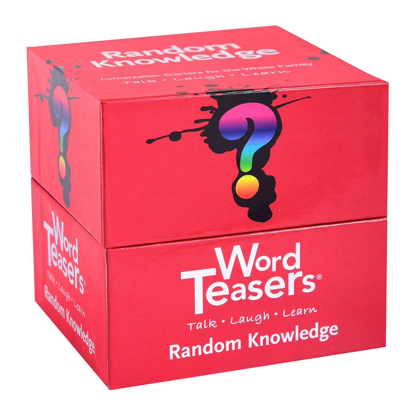 Box of Word Teasers: Random Knowledge game cards against a white background.