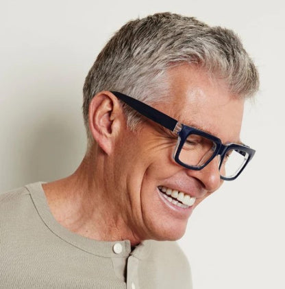side view of a man modeling the Navy & Check Louie Blue Light Reading Glasses