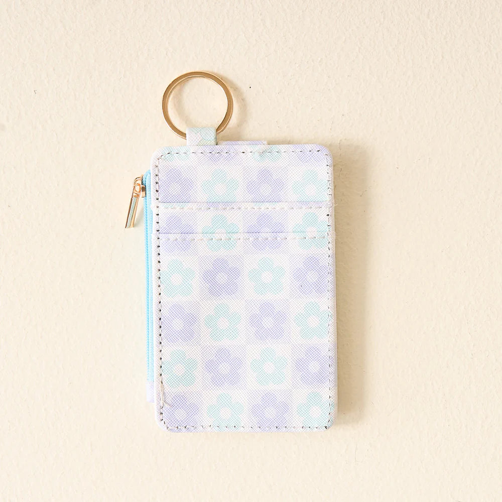 back view of blue Flower Check Keychain Card Wallet.