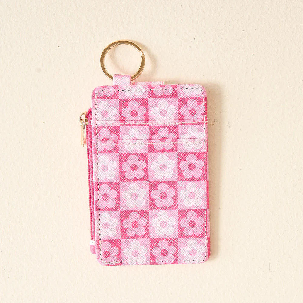 back view of hot pink Flower Check Keychain Card Wallet.