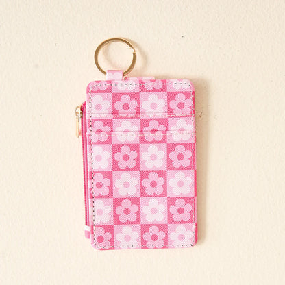 back view of hot pink Flower Check Keychain Card Wallet.