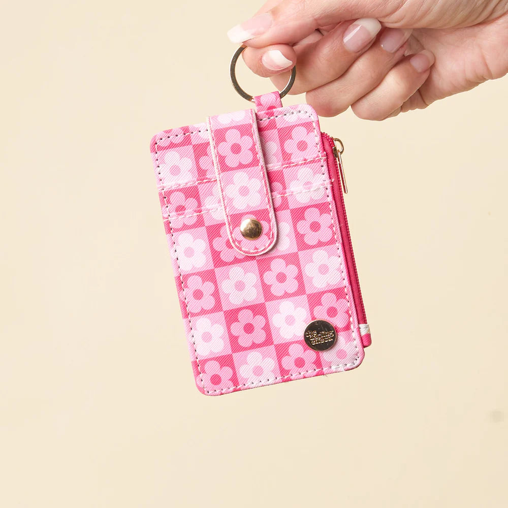 hand holding hot pink Flower Check Keychain Card Wallet by the key ring.