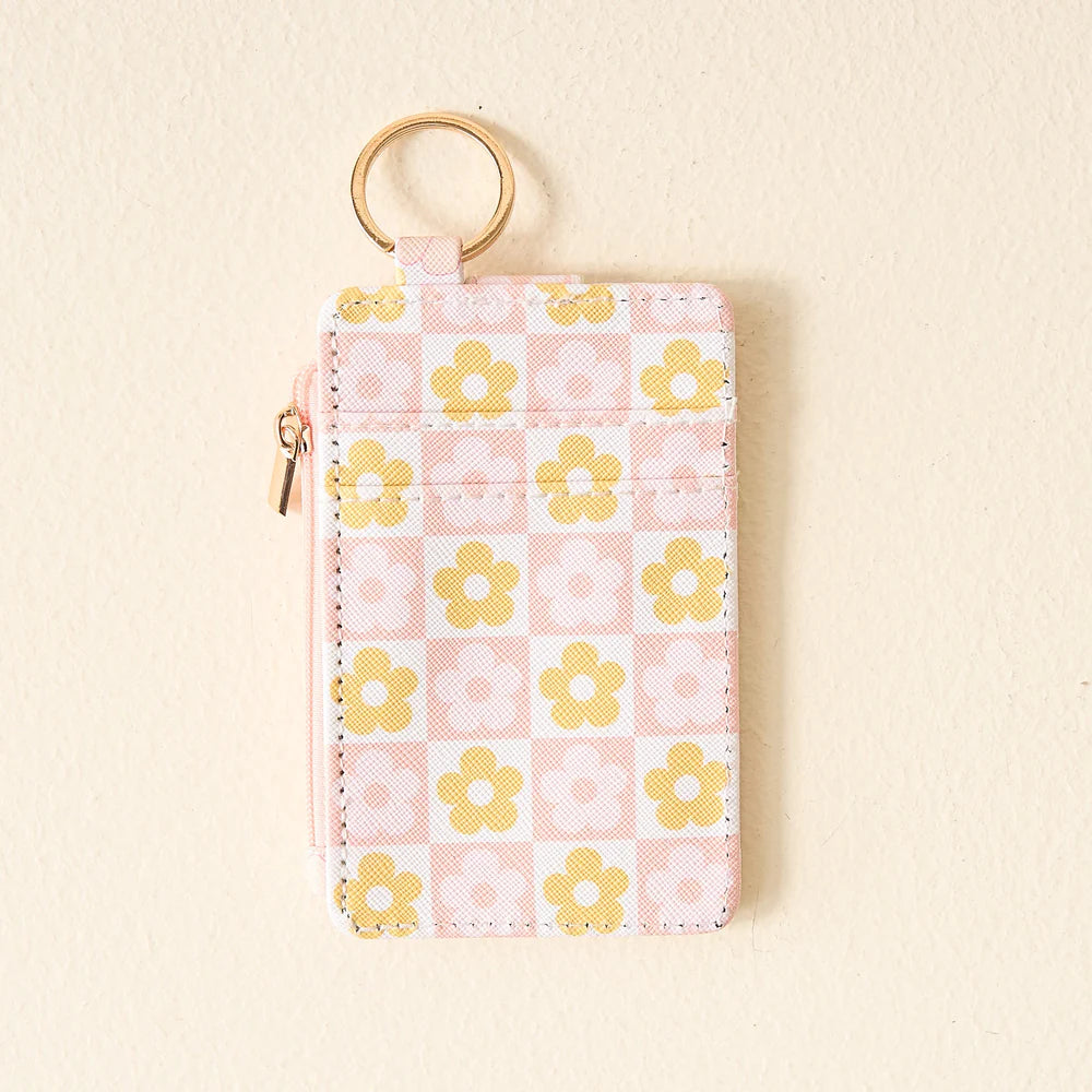 back view of peach Flower Check Keychain Card Wallet.
