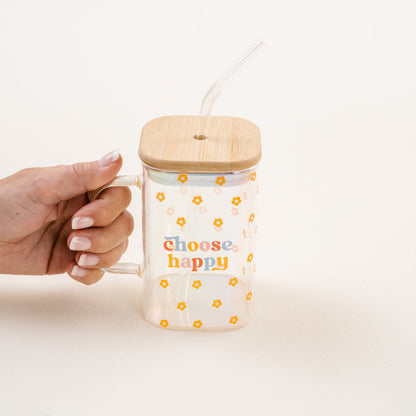 hand reaching for choose happy Square Glass Cup with Handle.