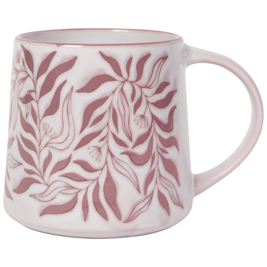 white mug with rosy pink berryvine leaf pattern