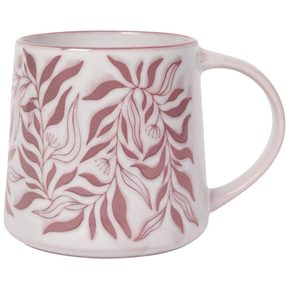 white mug with rosy pink berryvine leaf pattern