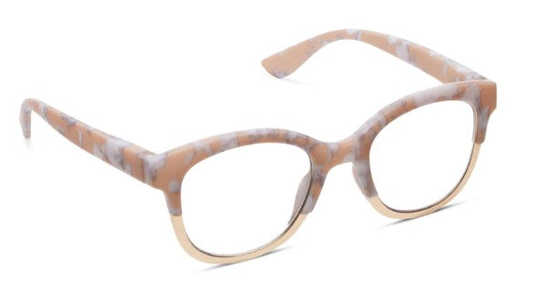 angled view of the Tan Marble & Gold Georgia Blue Light Reading Glasses on a white background