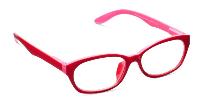 front angled view of the pink Good Morning Charlie Blue Light Reading Glasses against a white background