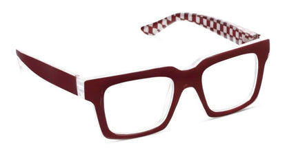 angled view of the Dark Red & Check Louie Blue Light Reading Glasses on a white background
